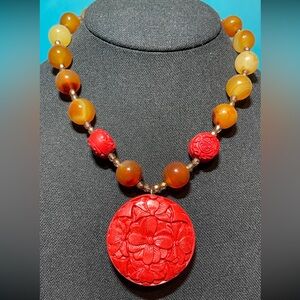 Kenneth Jay Lane KJL necklace faux carved cinnabar agate beads 16-19” red orange